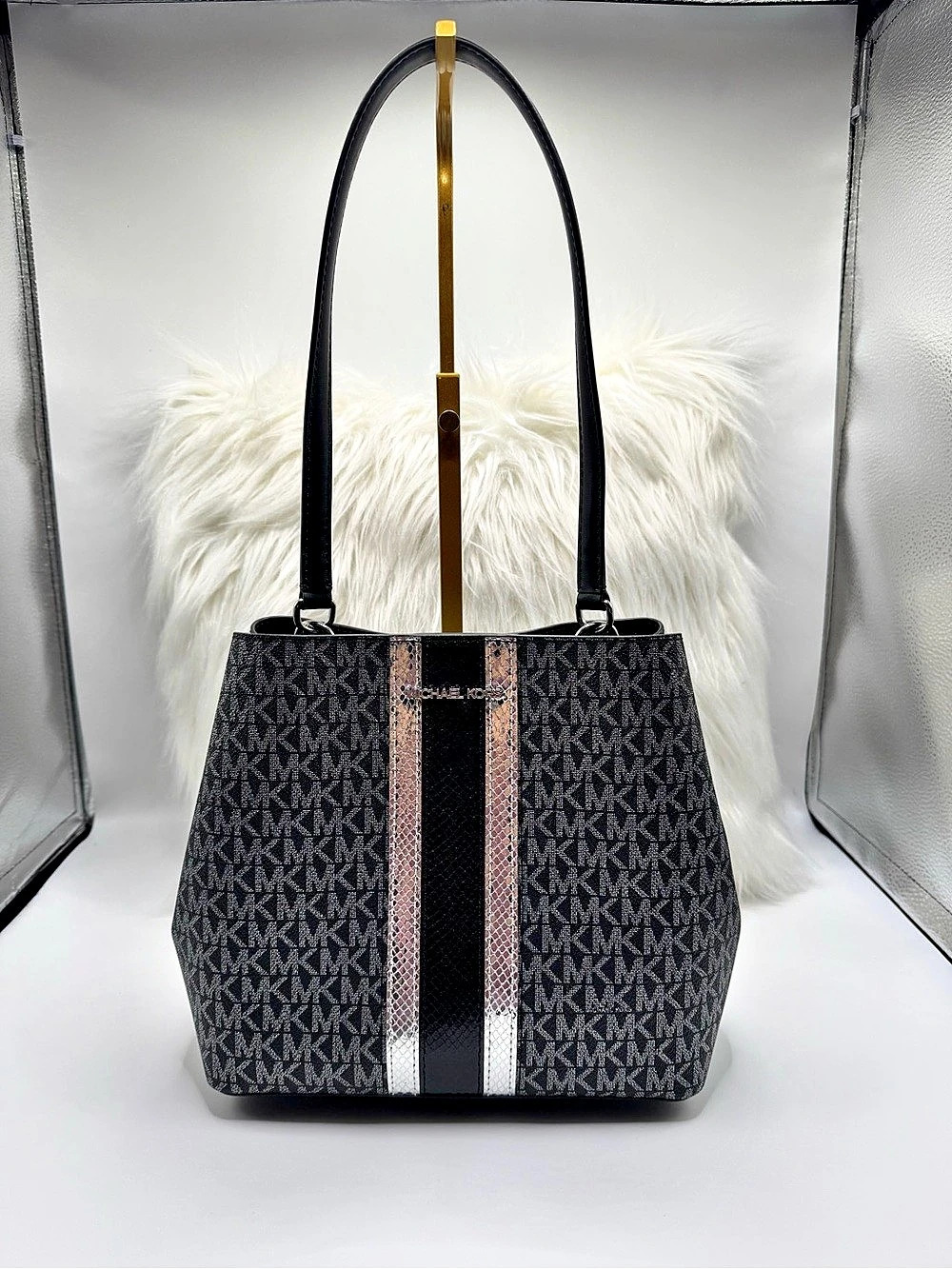 Michael Kors Logo Jacquard Tote in Black & Silver